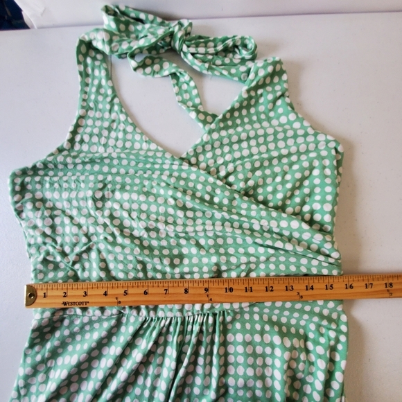 Boden Halter Neck Midi Dress Size 14 Polka Dot Green and White Stretch Viscose - Picture 10 of 15